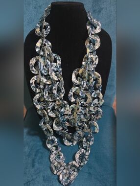 Sassy Jones Multi-Strand Resin Link Necklace in Green And Cream Pattern